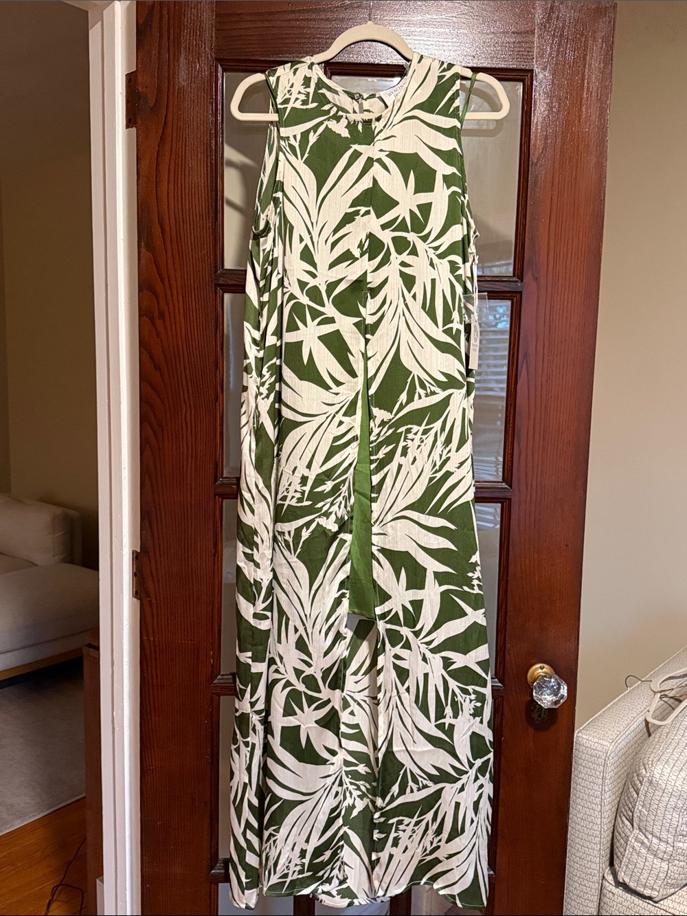 NWT HYACINTH HOUSE Sleeveless Green and White Maxi Dress with slip Size L